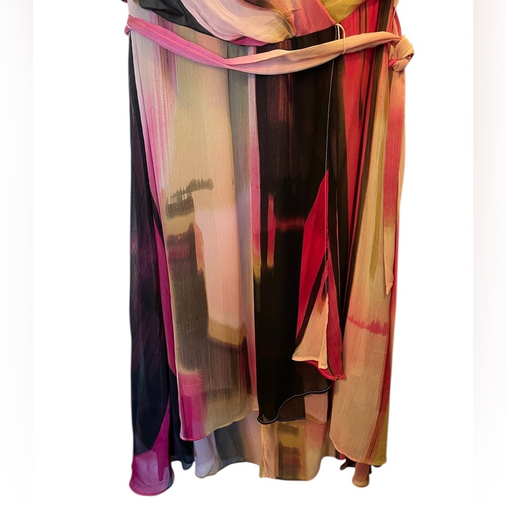 DKNY Pink/Black/Beige Print V-Neck Surplice Tie-Waist High-Low Dress - Size 14W - Picture 5 of 16